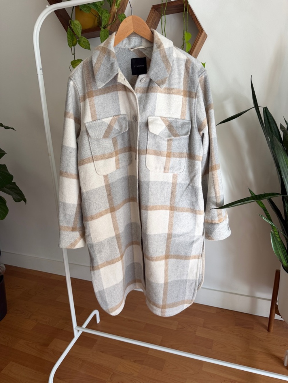 Dynamite Cream, Gray & Tan Plaid Shacket